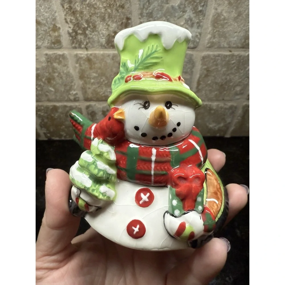 Fitz and Floyd 2013 Holly Hat Snowman Ceramic‎ Tea Light Candle Jar Warmer Rare